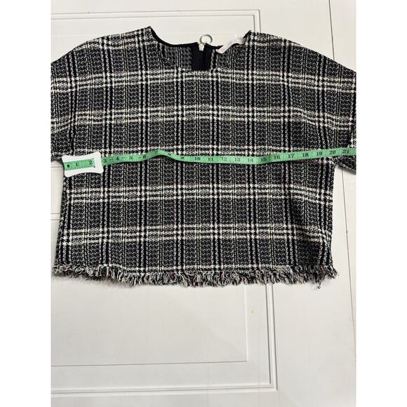 ZARA Trafaluc Crop Top Frayed Tweed Plaid Short Sleeve Boxy Size Large L - Picture 4 of 5